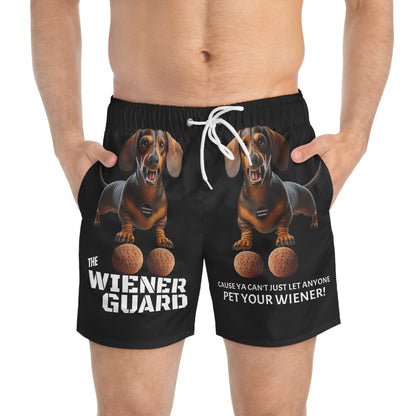 Cause Ya Can't Let Just Anyone Pet Your Wiener ~ The Wiener Guard is on Duty, Funny Dachshund Swim Trunks/Beach Shorts, Black